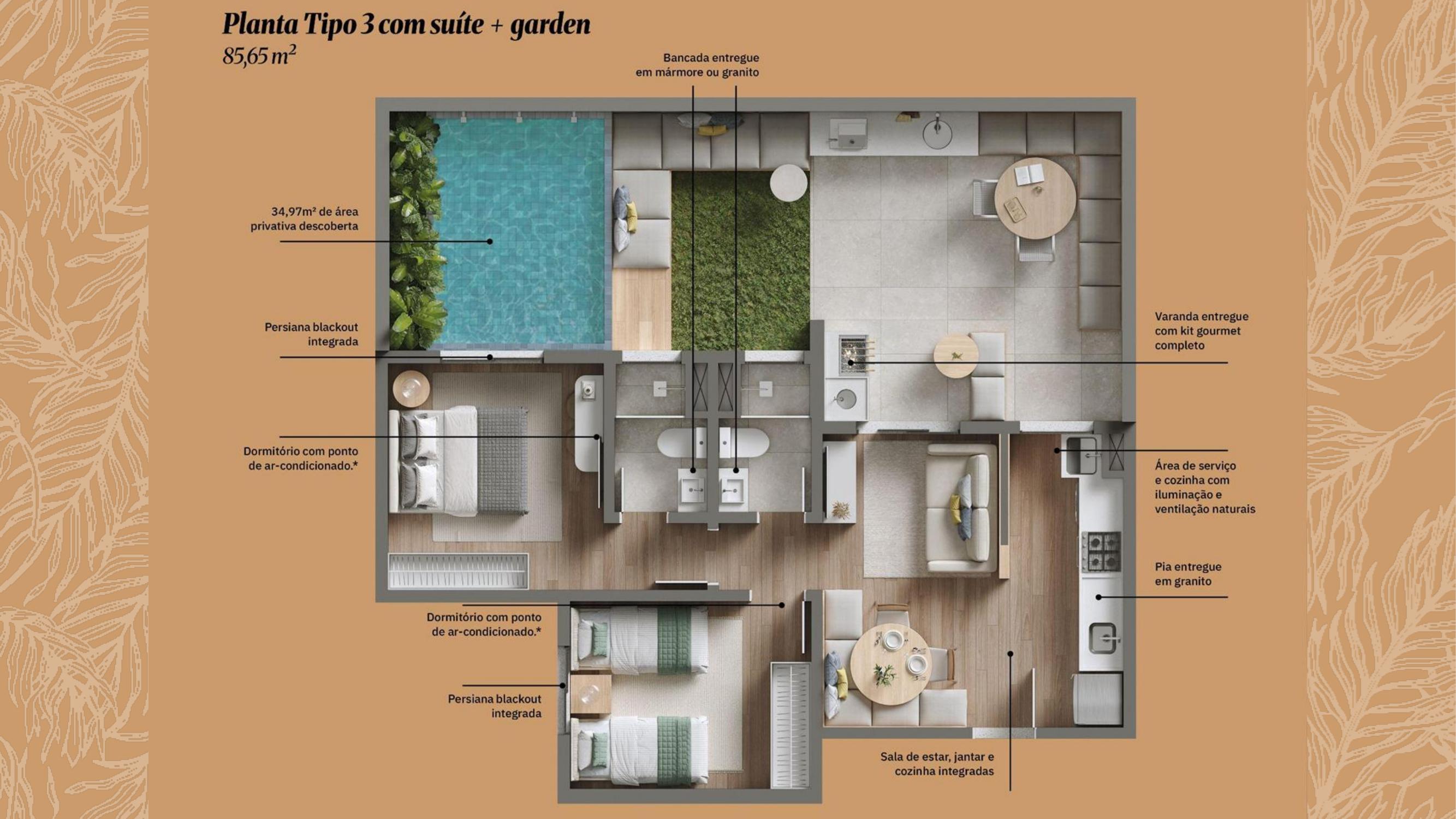 Planta Tipo 3 c/ suíte + garden
